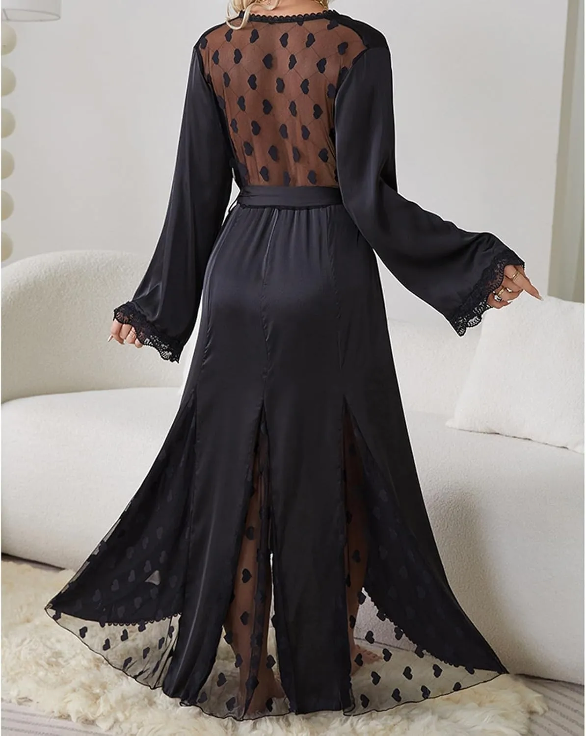 Women's Kimono Bathrobes Satin Lingerie Nightwear Lace Long Sleepshirt Silk Bridesmaid Nightgown Soft Chemise Dress
