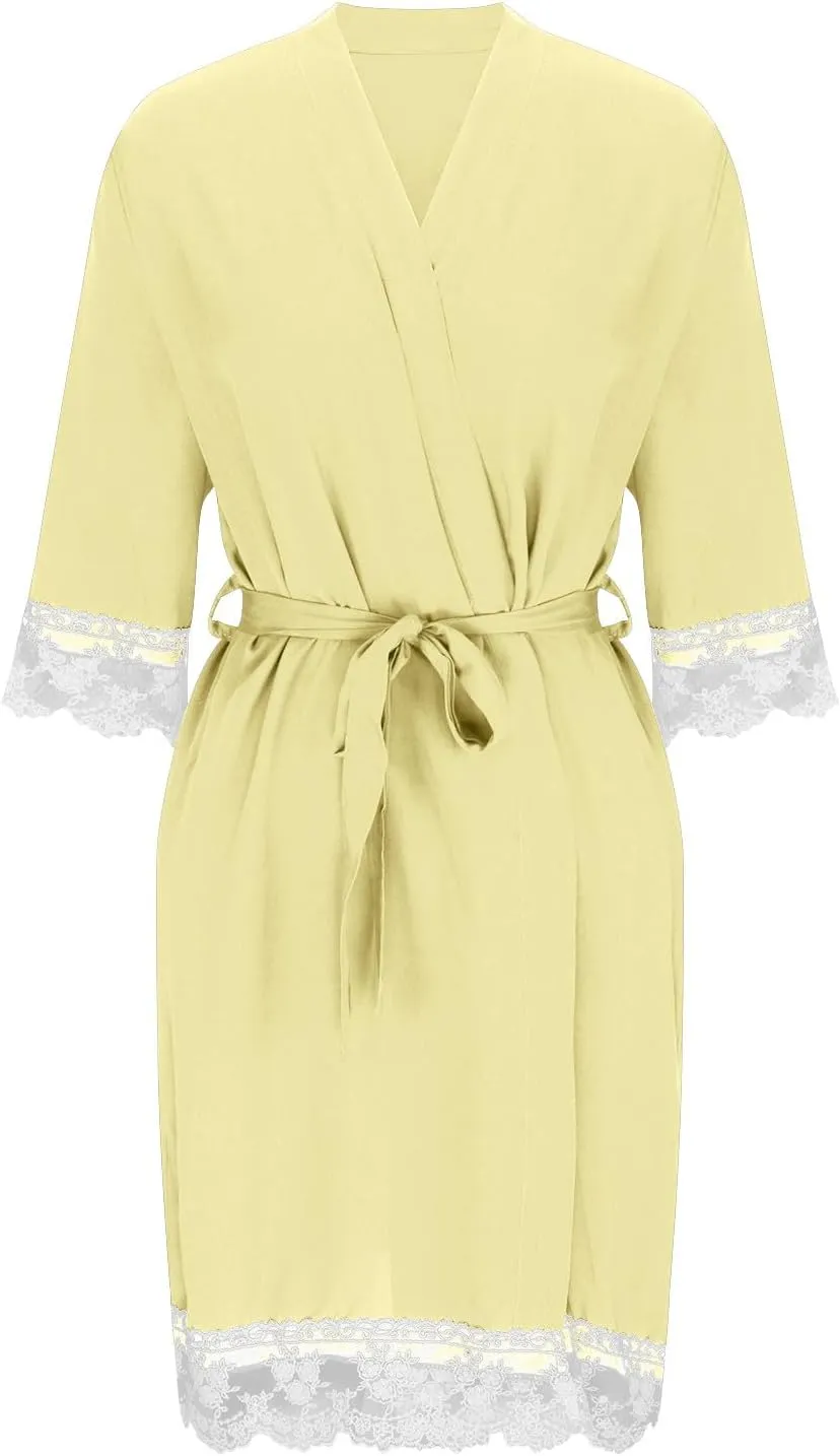 Womens Lace Bathrobe Long Sleeve Pajama Robe Middle-Length Nightgowns Soft Sleepwear Nightwear Solid Color Nightdress