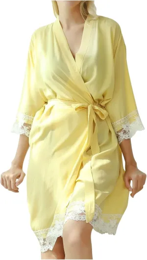 Womens Lace Bathrobe Long Sleeve Pajama Robe Middle-Length Nightgowns Soft Sleepwear Nightwear Solid Color Nightdress