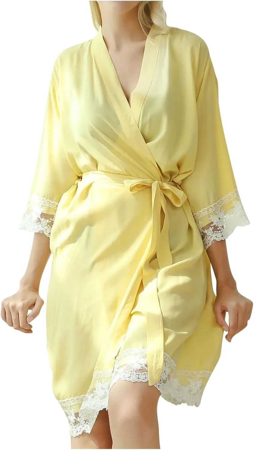 Womens Lace Bathrobe Long Sleeve Pajama Robe Middle-Length Nightgowns Soft Sleepwear Nightwear Solid Color Nightdress