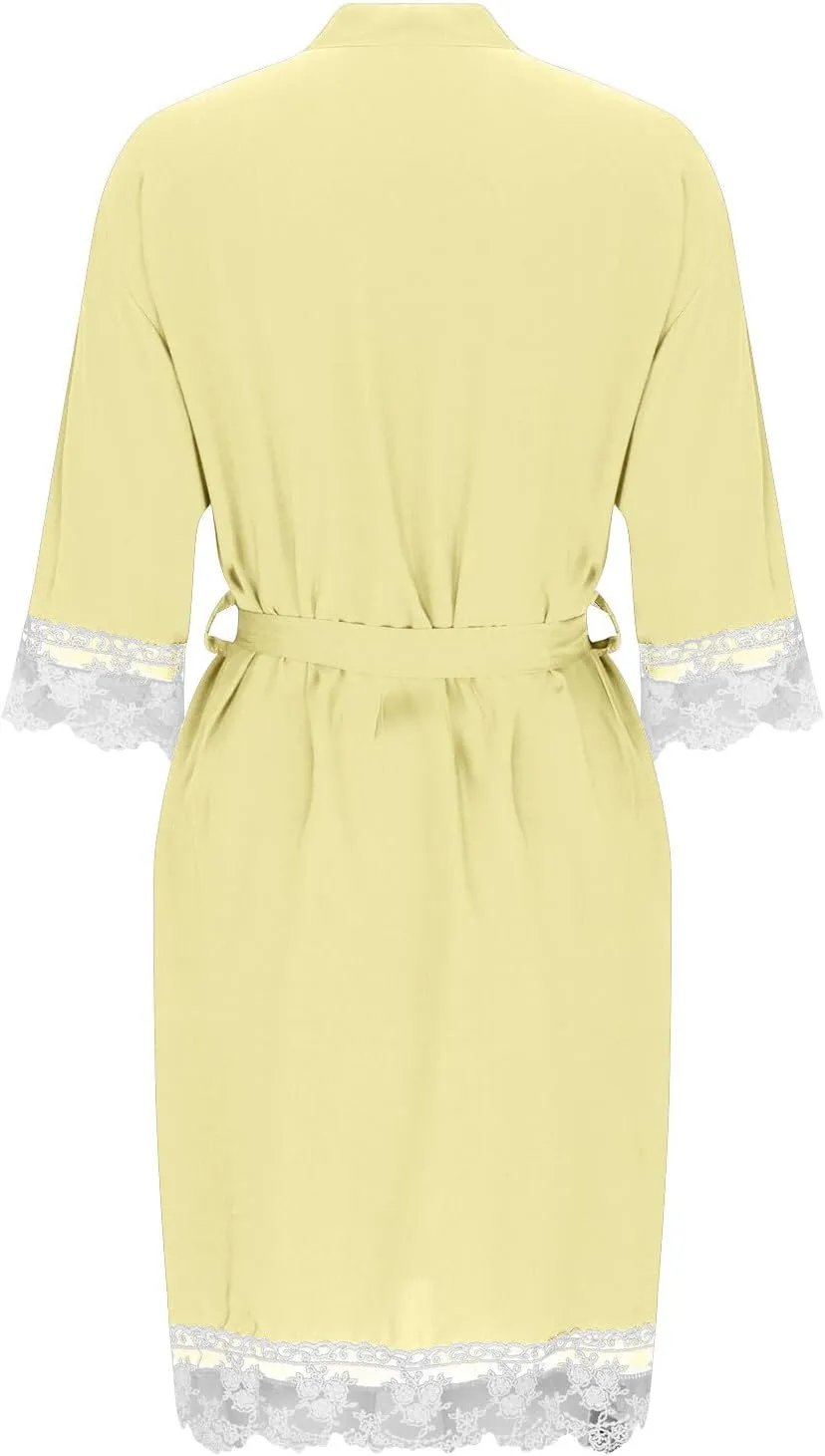Womens Lace Bathrobe Long Sleeve Pajama Robe Middle-Length Nightgowns Soft Sleepwear Nightwear Solid Color Nightdress