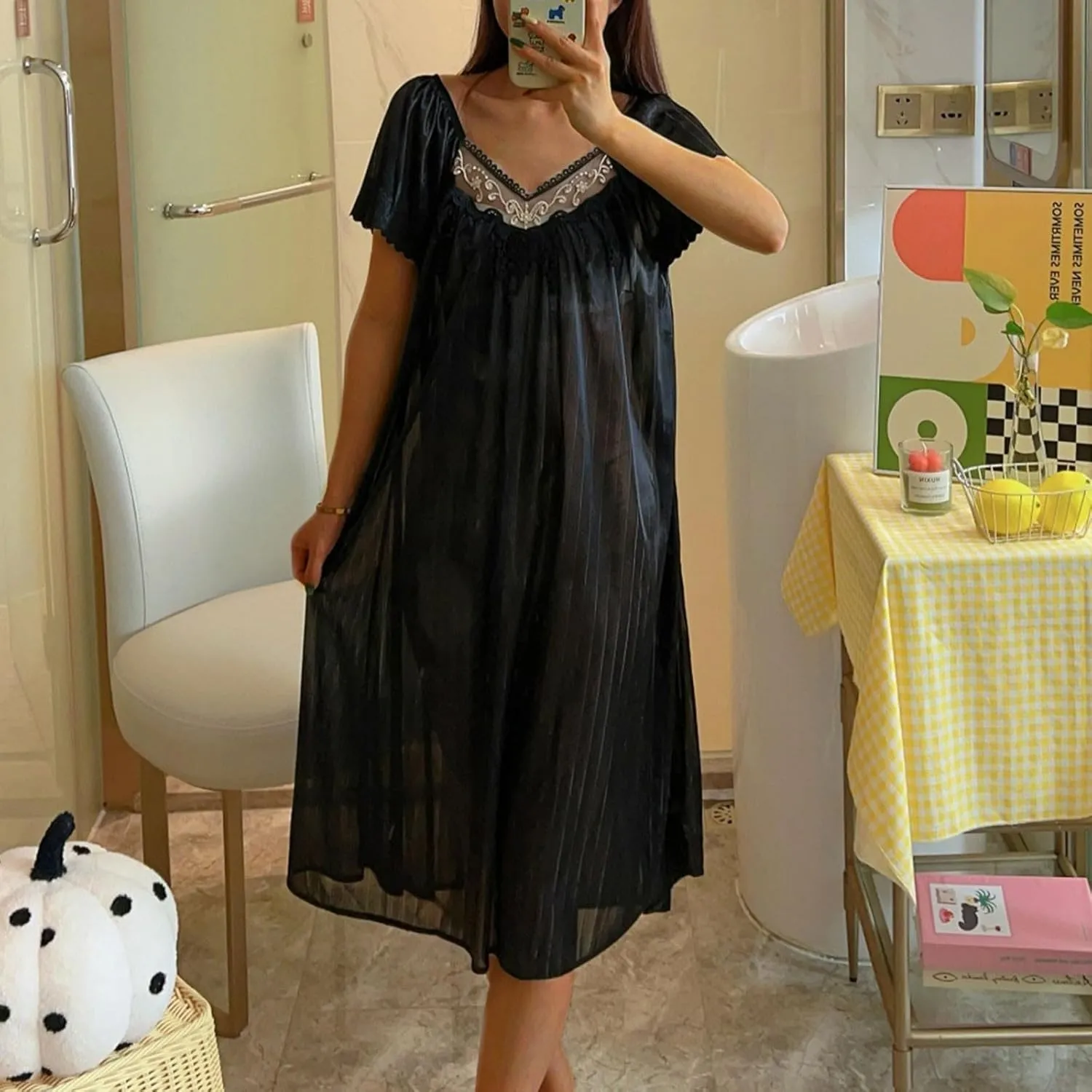 Women's Lace Patchwork Nightgown Ice Silk Summer Crewneck Sleep Dress Short Sleeve Loose Comfy Pajamas Sleepwear