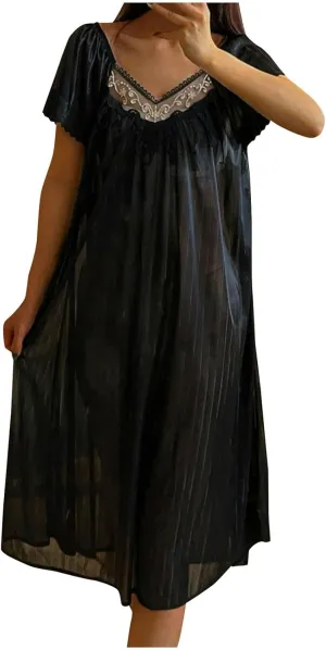 Women's Lace Patchwork Nightgown Ice Silk Summer Crewneck Sleep Dress Short Sleeve Loose Comfy Pajamas Sleepwear