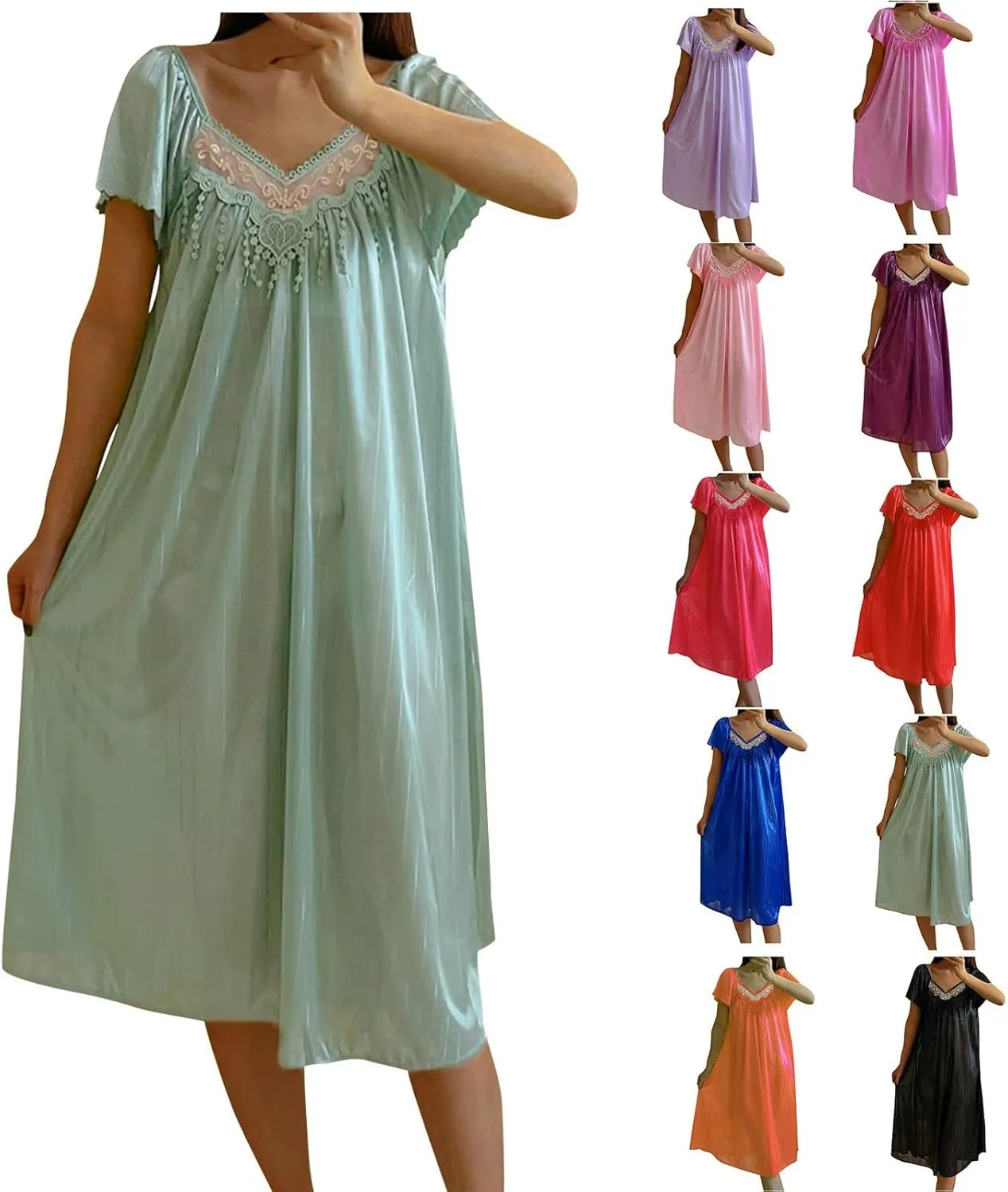 Women's Lace Patchwork Nightgown Ice Silk Summer Crewneck Sleep Dress Short Sleeve Loose Comfy Pajamas Sleepwear