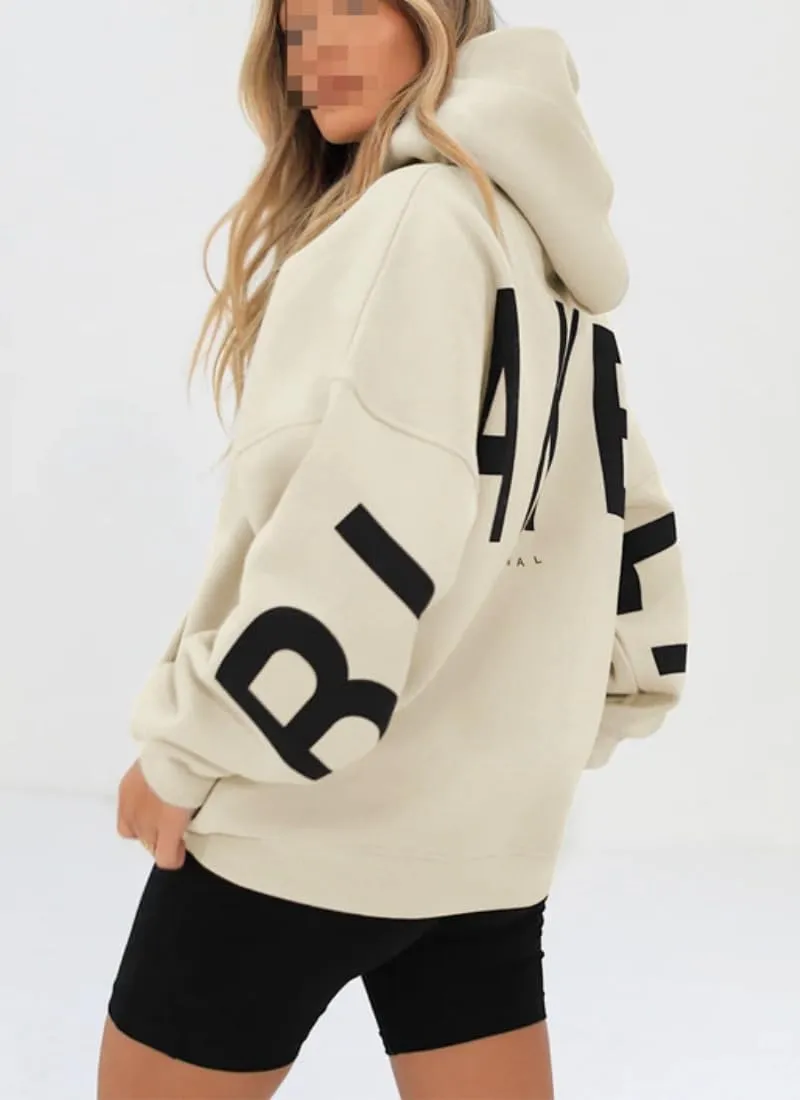Womens Letter Prints Oversized Hoodies Thicken Sweatshirts Long Sleeve Lightweight Pullover Outfits with Pocket