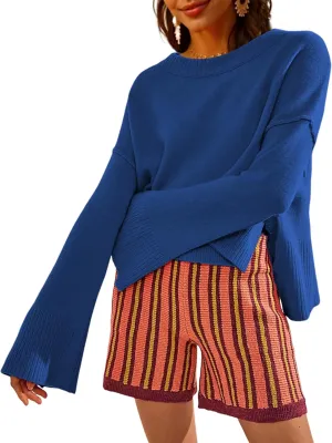 Womens Lightweight Sweaters Crewneck Bell-Style Sleeve Batwing Knit Tops Slouchy Soft Pullover Jumpers