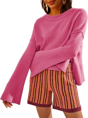 Womens Lightweight Sweaters Crewneck Bell-Style Sleeve Batwing Knit Tops Slouchy Soft Pullover Jumpers