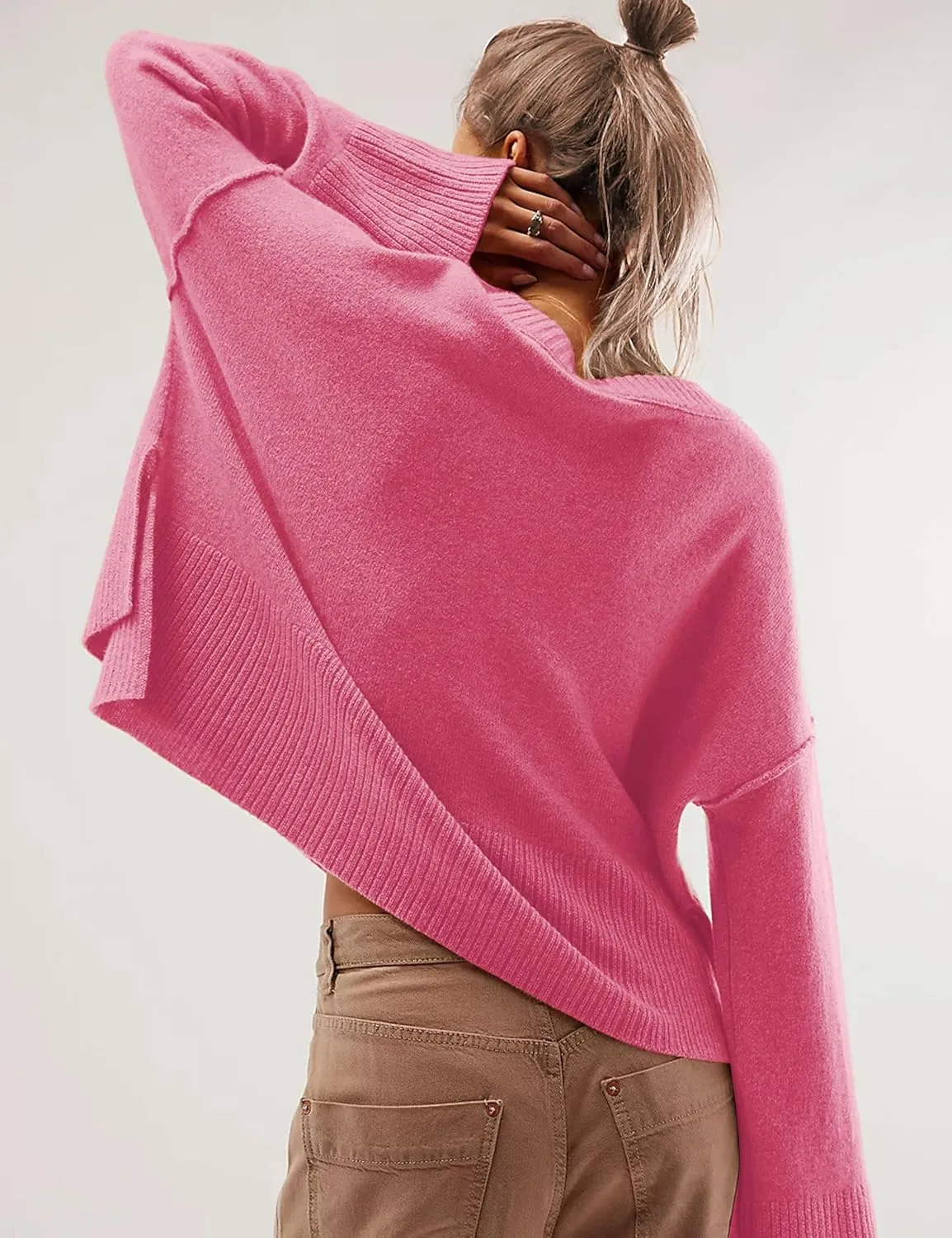 Womens Lightweight Sweaters Crewneck Bell-Style Sleeve Batwing Knit Tops Slouchy Soft Pullover Jumpers