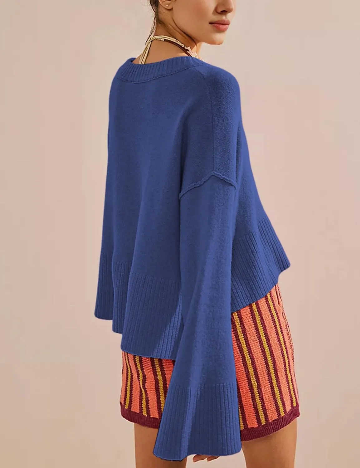 Womens Lightweight Sweaters Crewneck Bell-Style Sleeve Batwing Knit Tops Slouchy Soft Pullover Jumpers