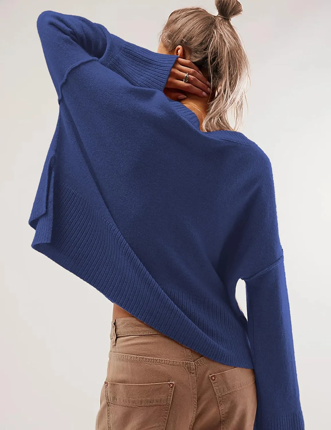 Womens Lightweight Sweaters Crewneck Bell-Style Sleeve Batwing Knit Tops Slouchy Soft Pullover Jumpers