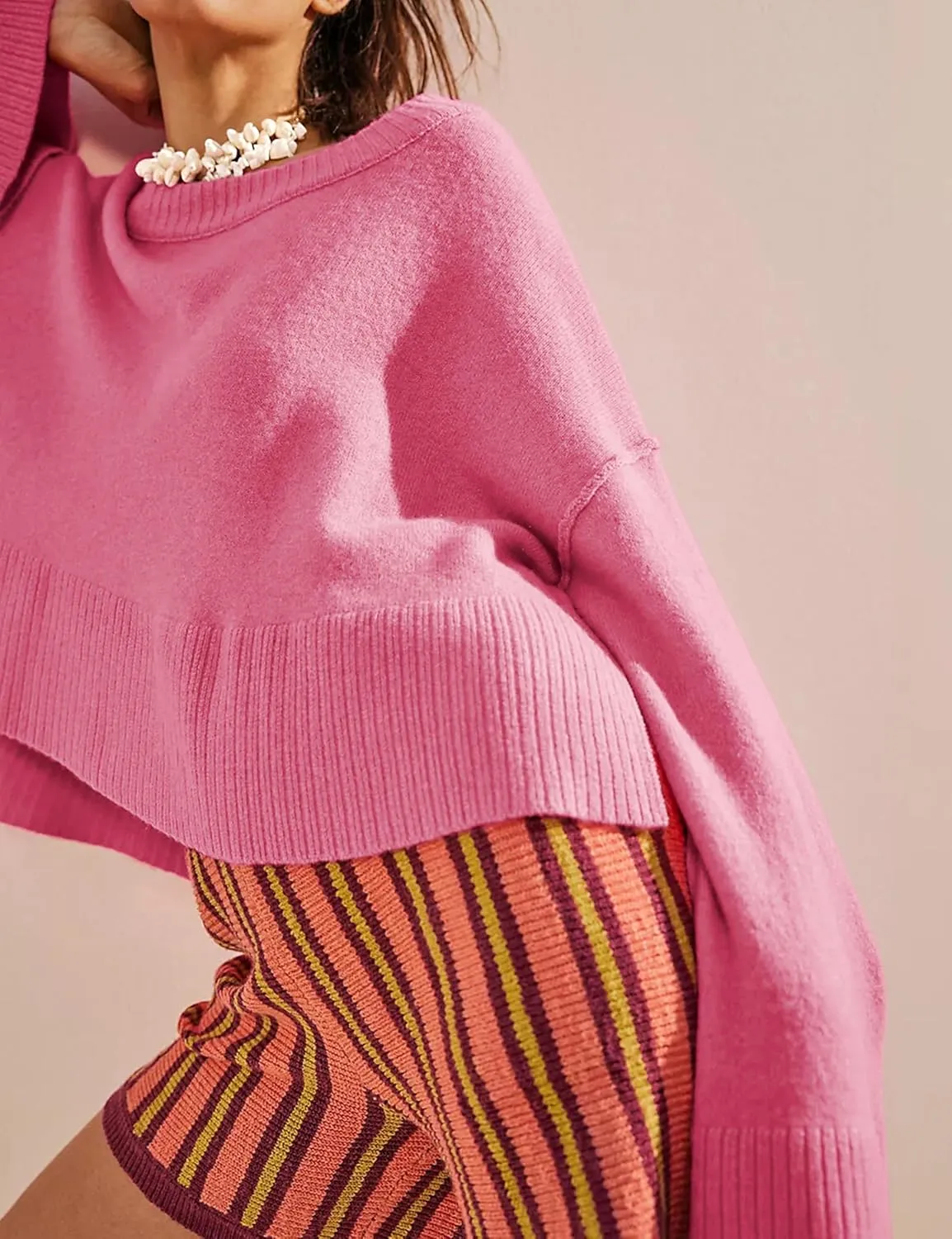Womens Lightweight Sweaters Crewneck Bell-Style Sleeve Batwing Knit Tops Slouchy Soft Pullover Jumpers