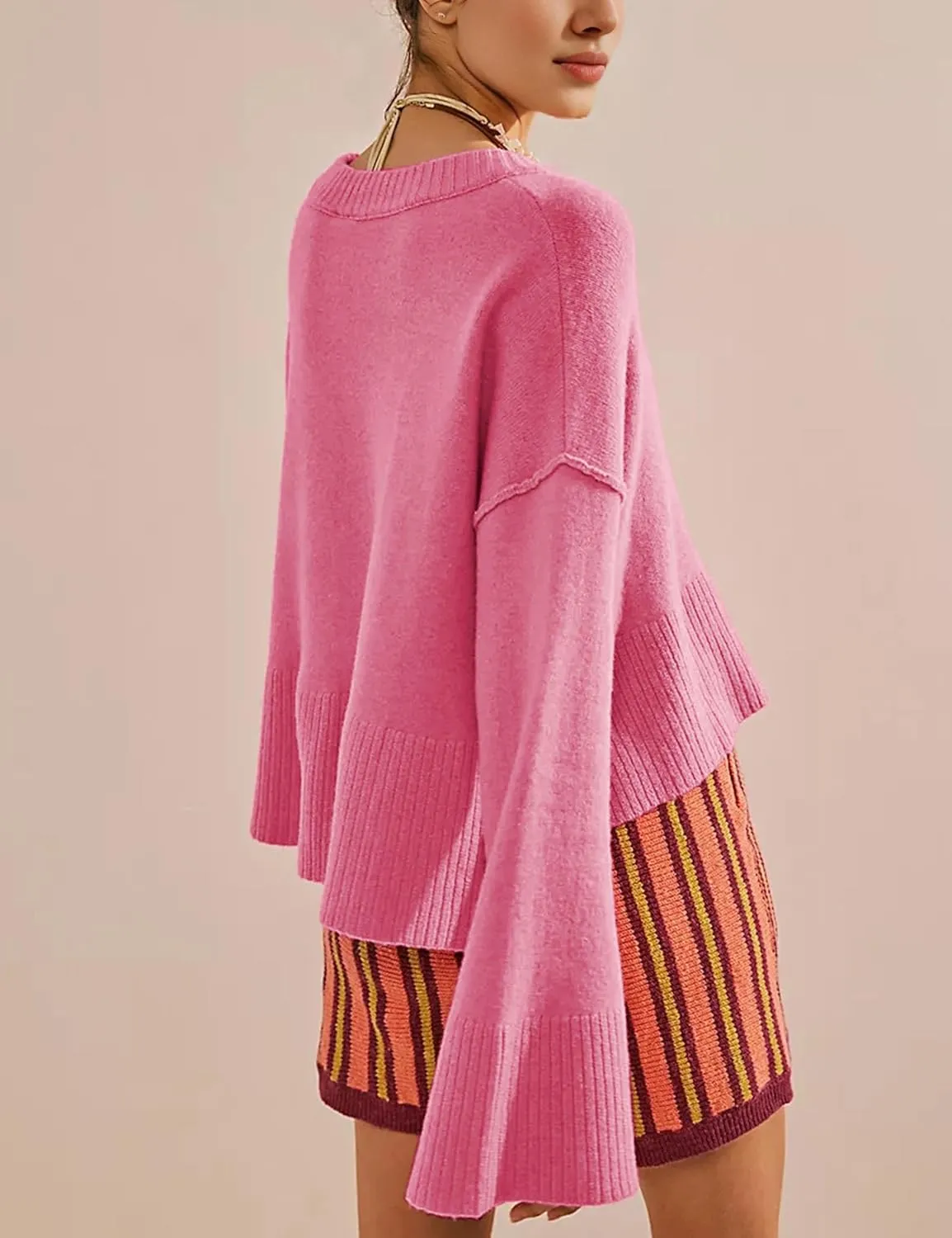 Womens Lightweight Sweaters Crewneck Bell-Style Sleeve Batwing Knit Tops Slouchy Soft Pullover Jumpers