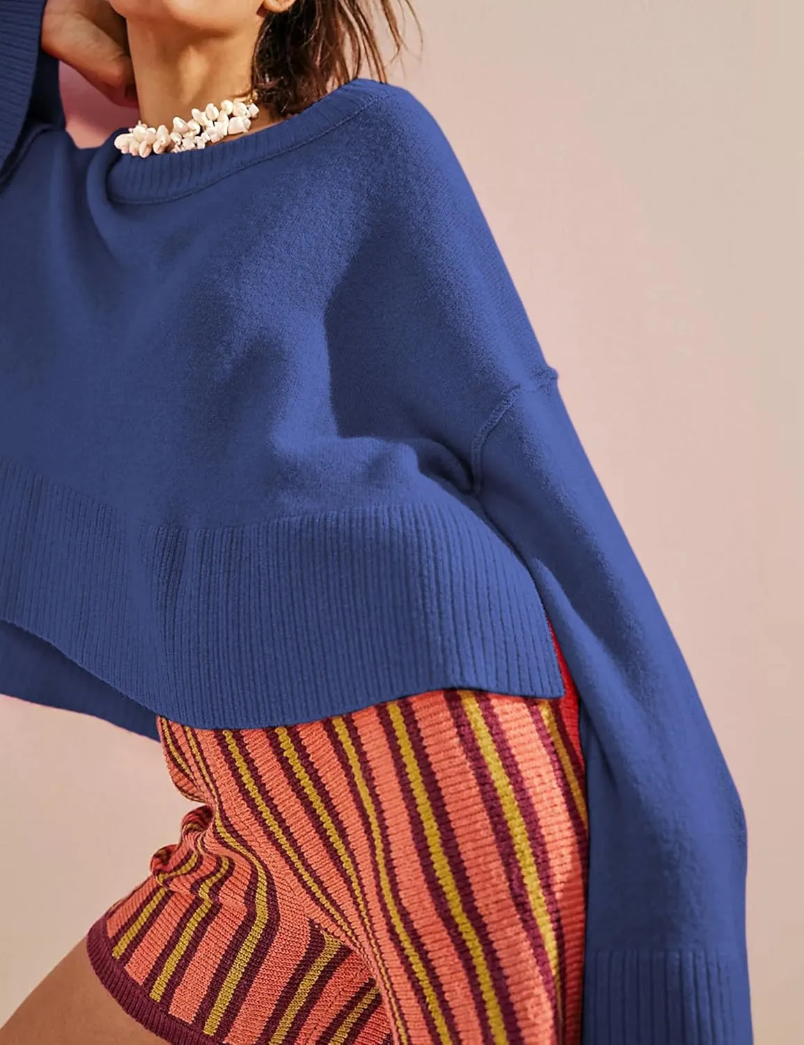 Womens Lightweight Sweaters Crewneck Bell-Style Sleeve Batwing Knit Tops Slouchy Soft Pullover Jumpers