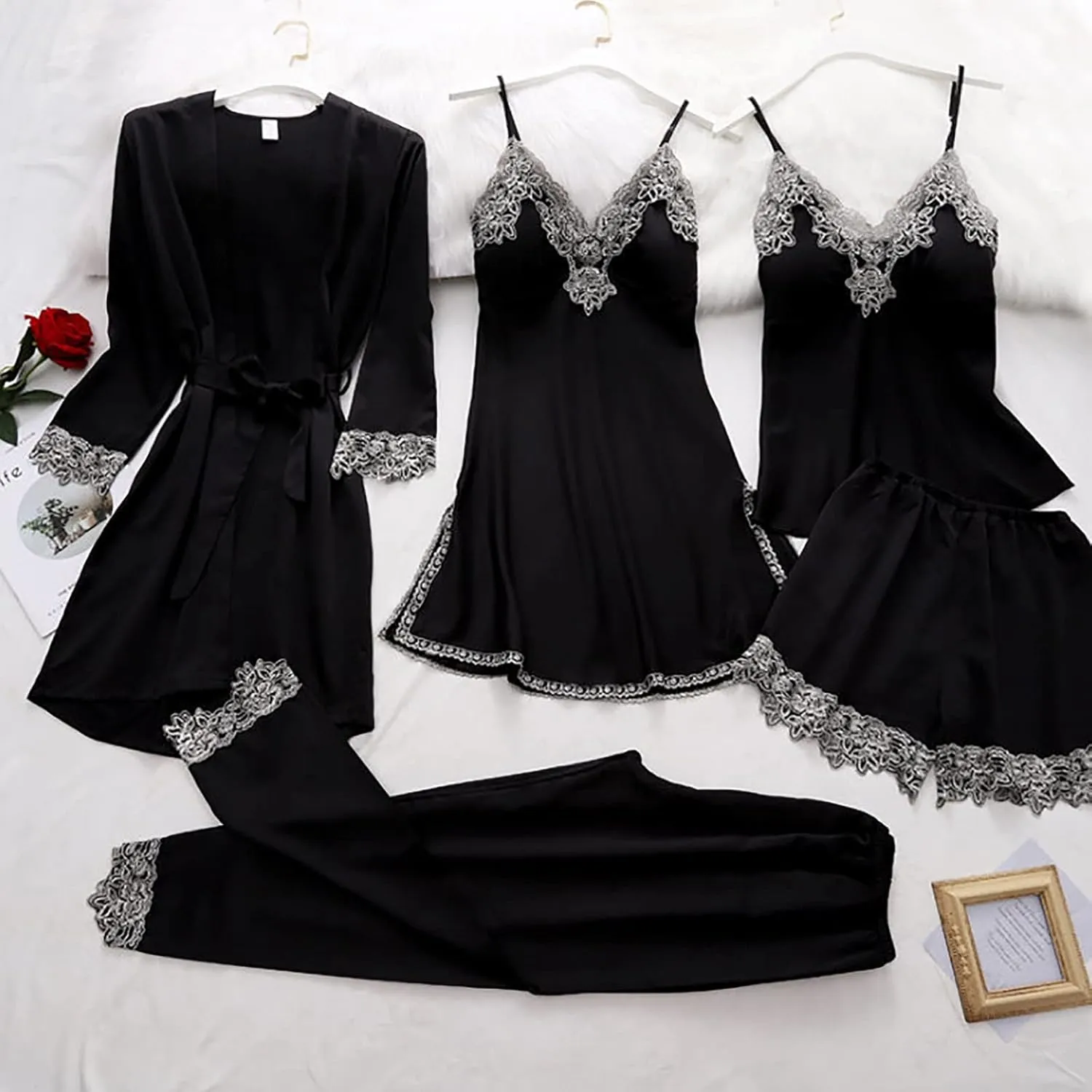 Women'S Lingerie Nightwear Lace 5pcs Set WomenS With Robe Silky Sleepwear Pajama Pajama Satin Sexy Set