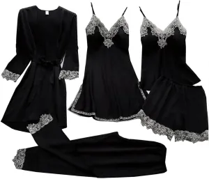 Women'S Lingerie Nightwear Lace 5pcs Set WomenS With Robe Silky Sleepwear Pajama Pajama Satin Sexy Set