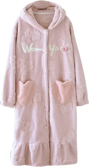 Womens Long Hooded Fleece Robe,Floral Heart Soft Warm Spa Bathrobe for Cozy Lightweight Loungewear Plush Fuzzy Robe