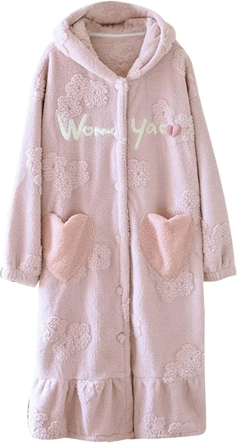 Womens Long Hooded Fleece Robe,Floral Heart Soft Warm Spa Bathrobe for Cozy Lightweight Loungewear Plush Fuzzy Robe