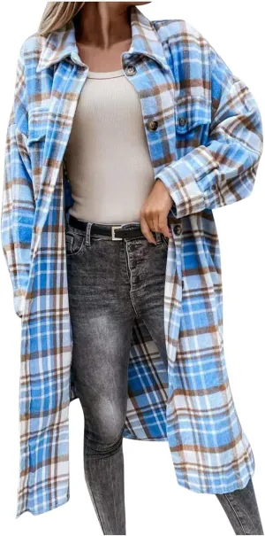 Womens Long Plaid Flannel Shacket Fall Fashion Button Down Long Sleeve Tartan Coat Lapel Open Front Trench Coats