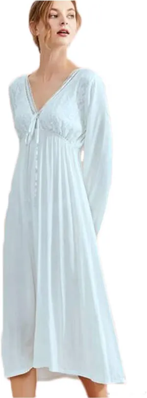 Women's Long Short Sleeve Vintage Lace V Neck Nightgown Cotton Sleepwear
