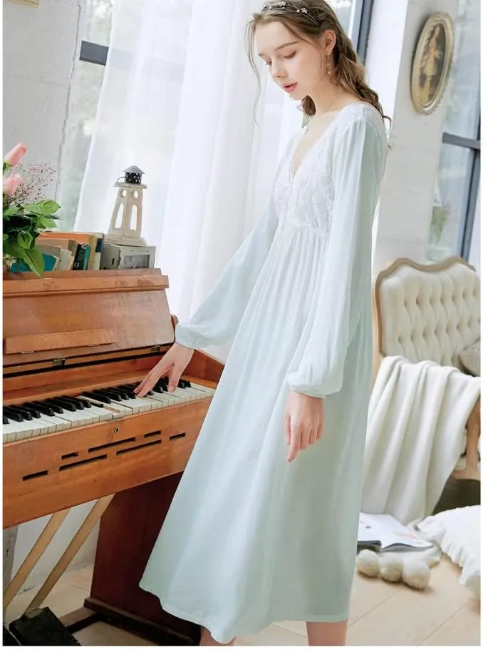 Women's Long Short Sleeve Vintage Lace V Neck Nightgown Cotton Sleepwear