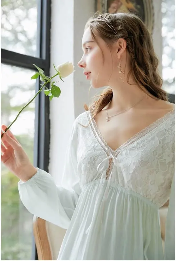 Women's Long Short Sleeve Vintage Lace V Neck Nightgown Cotton Sleepwear
