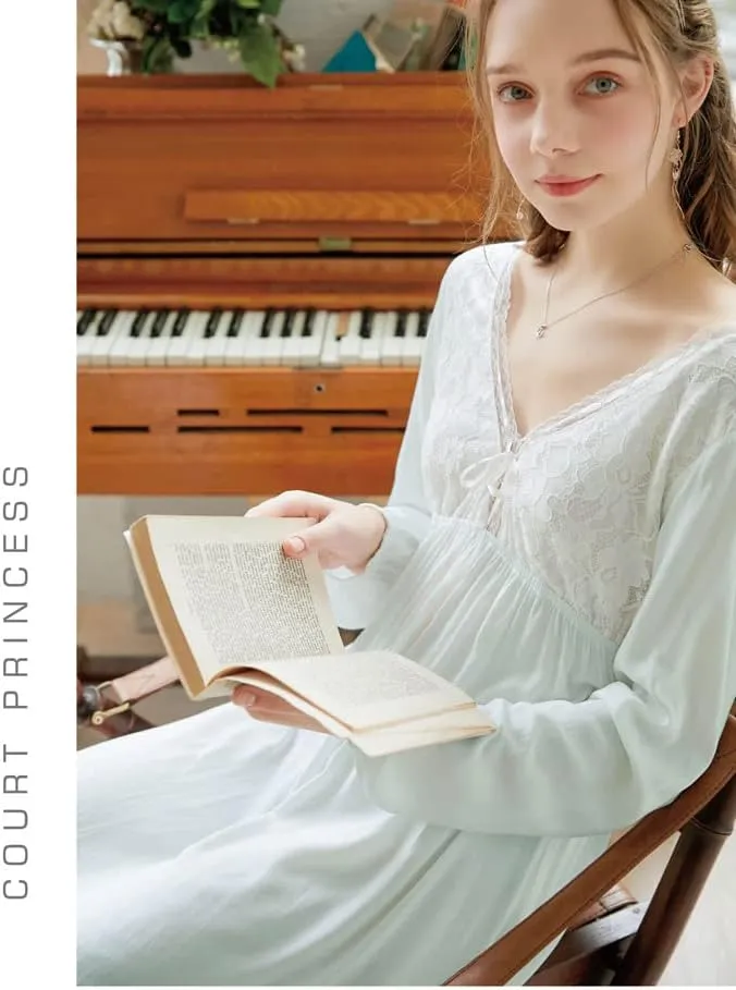 Women's Long Short Sleeve Vintage Lace V Neck Nightgown Cotton Sleepwear