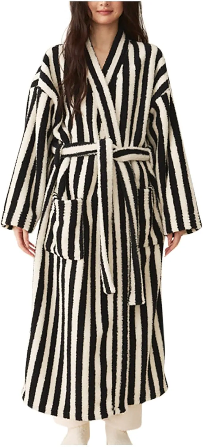 Women's Long Sleeve Striped Winter Fuzzy Robe, Open Front Belted Loose Casual Bathrobe Silky Comfy Shower Nightgowns