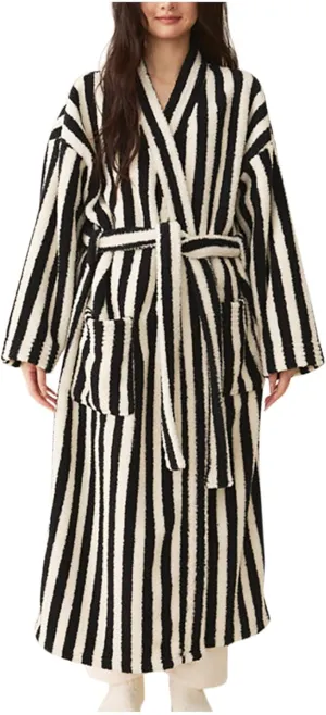 Women's Long Sleeve Striped Winter Fuzzy Robe, Open Front Belted Loose Casual Bathrobe Silky Comfy Shower Nightgowns