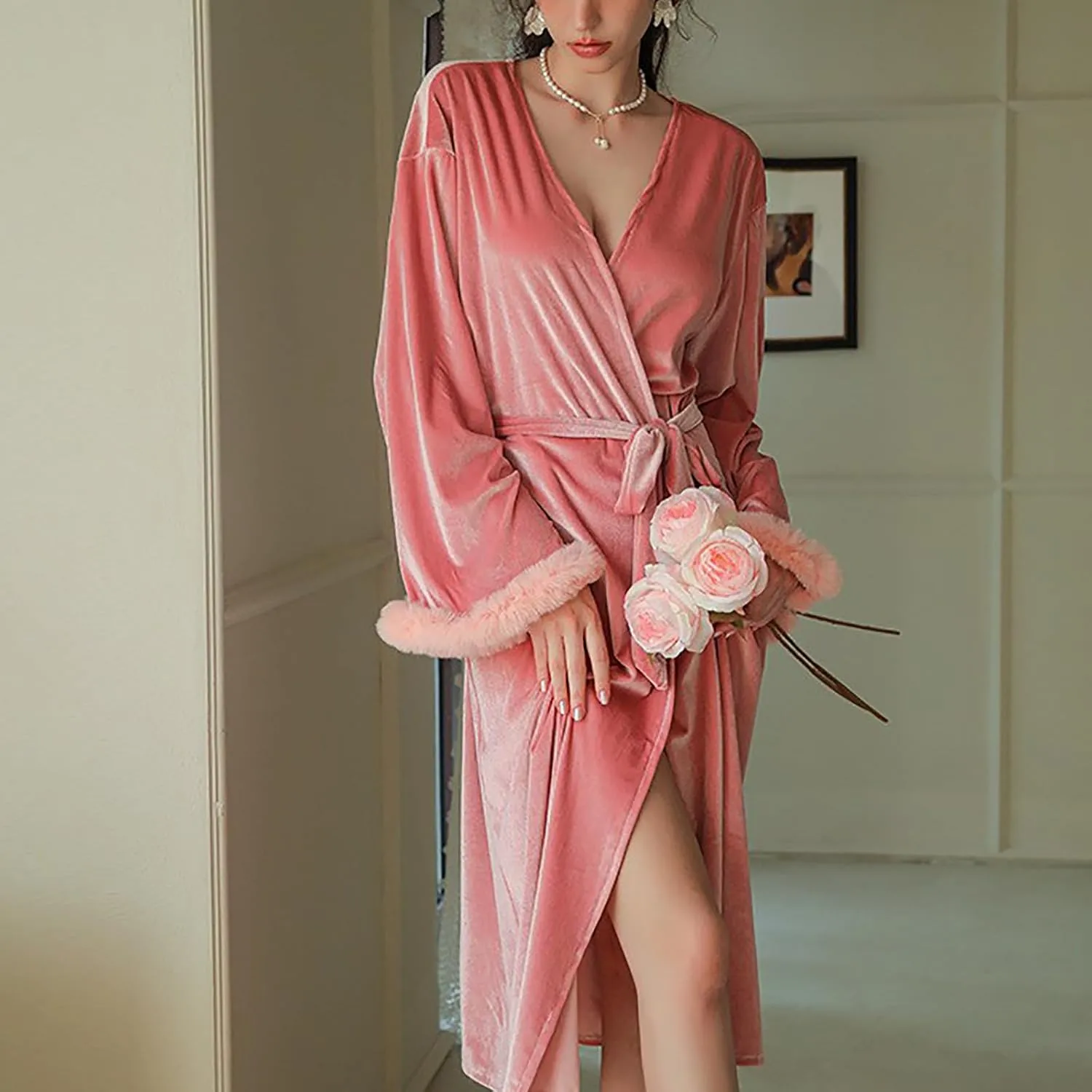 Women's Long Velvet Robe Plush Sleeve Fall Winter Soft Warm Cozy Skin Bathrobes Fuzzy Fluffy Casual Nightgowns