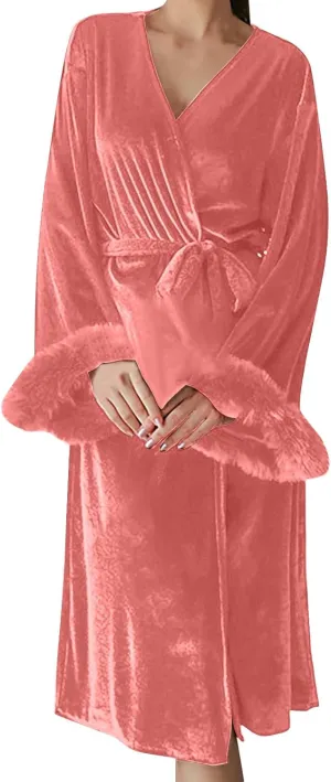 Women's Long Velvet Robe Plush Sleeve Fall Winter Soft Warm Cozy Skin Bathrobes Fuzzy Fluffy Casual Nightgowns