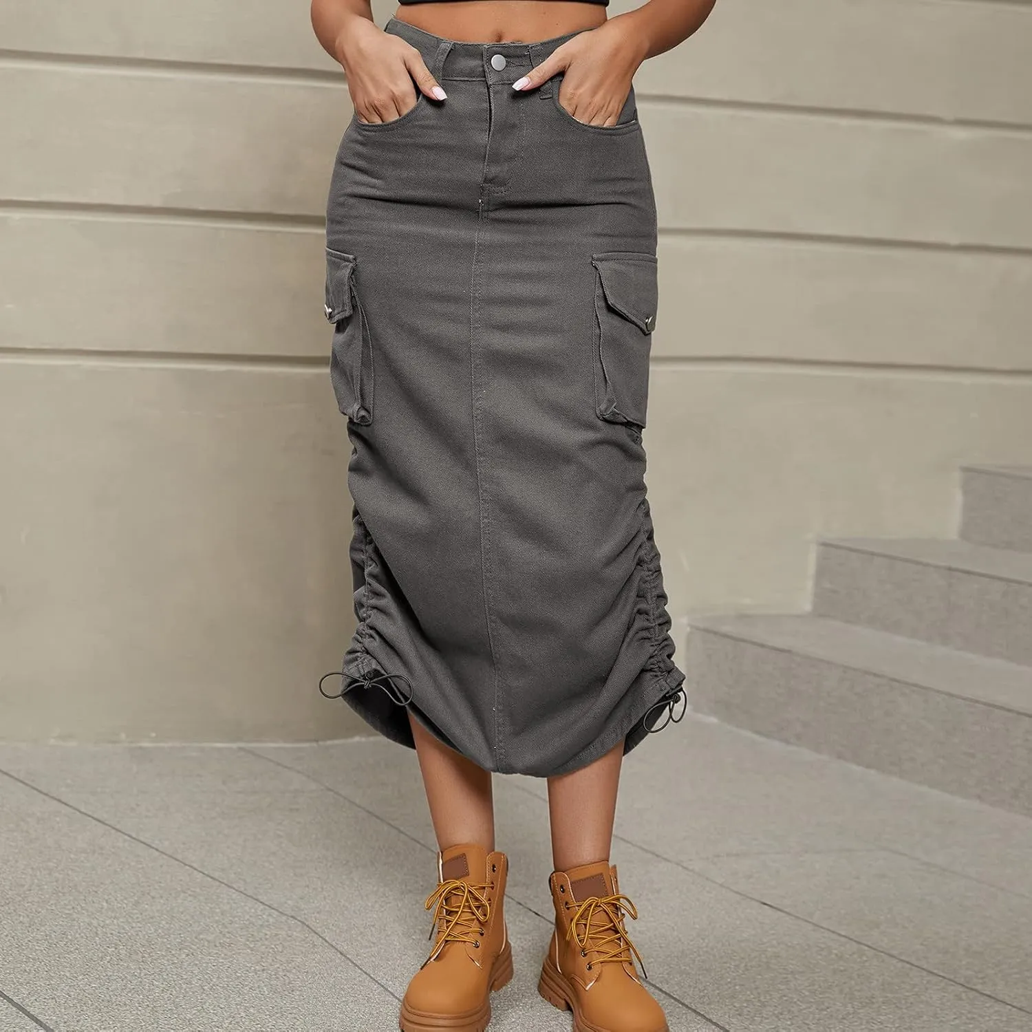 Womens Loose Fit Denim Skort for Women Midi Knee High Pleated Western High Cut Tie Knot Smocked Plain 2024 Y2K