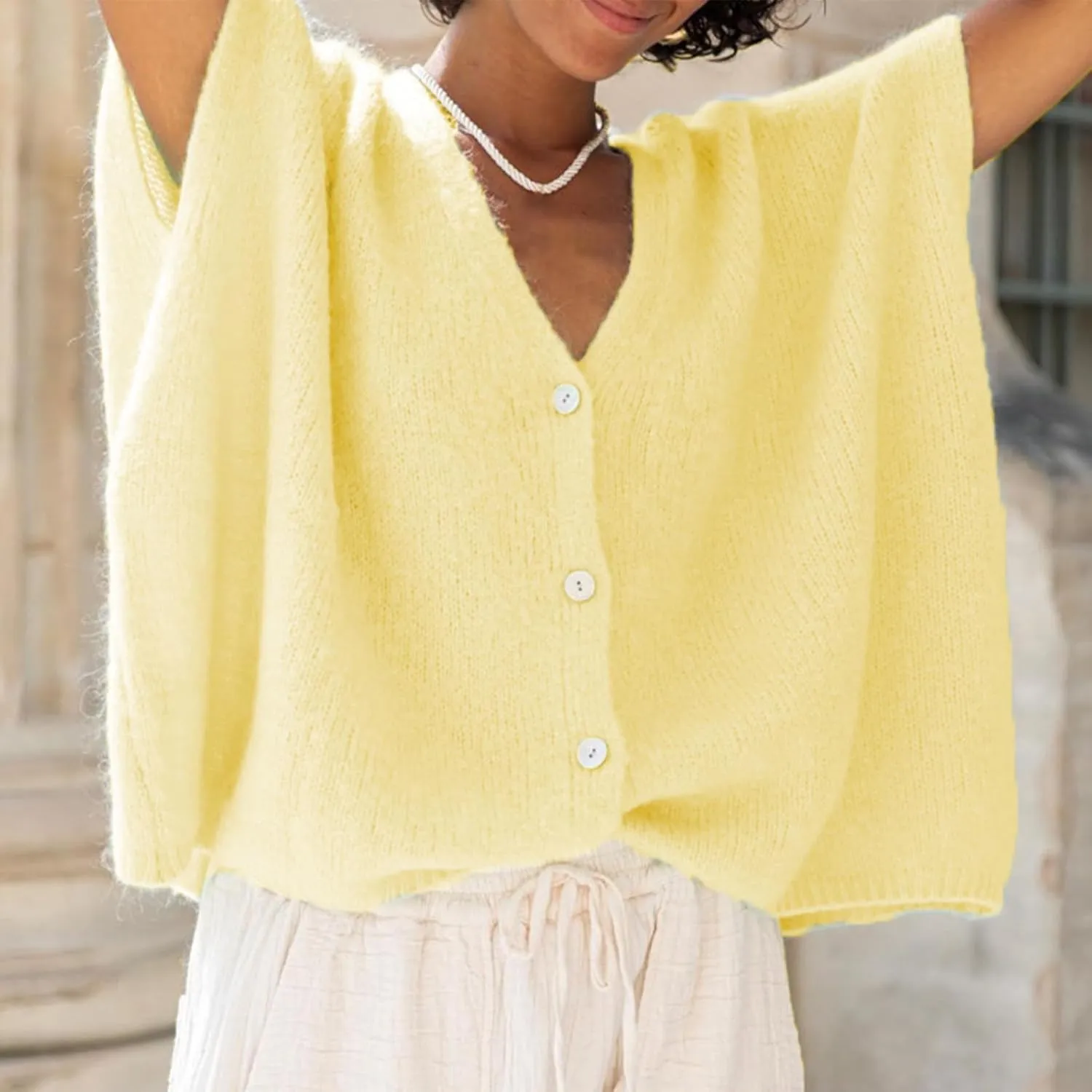 Womens Loose Knit Cardigan Solid Color Short Sleeve V-Neck Button Down Lightweight Sweaters Tops Clubwear
