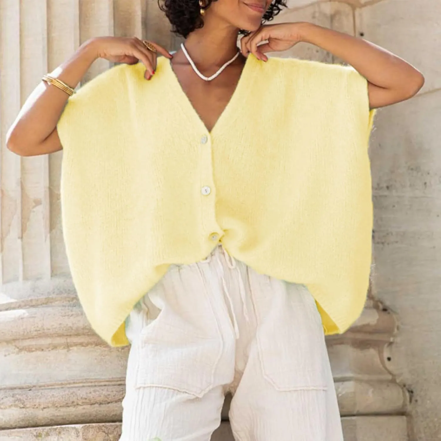 Womens Loose Knit Cardigan Solid Color Short Sleeve V-Neck Button Down Lightweight Sweaters Tops Clubwear