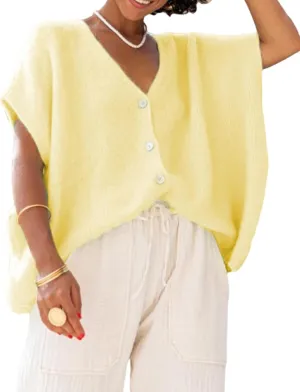 Womens Loose Knit Cardigan Solid Color Short Sleeve V-Neck Button Down Lightweight Sweaters Tops Clubwear