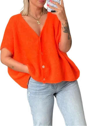 Womens Loose Knit Cardigan Solid Color Short Sleeve V-Neck Button Down Lightweight Sweaters Tops Clubwear