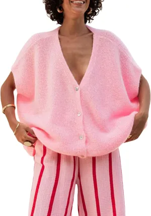 Womens Loose Knit Cardigan Solid Color Short Sleeve V-Neck Button Down Lightweight Sweaters Tops Clubwear
