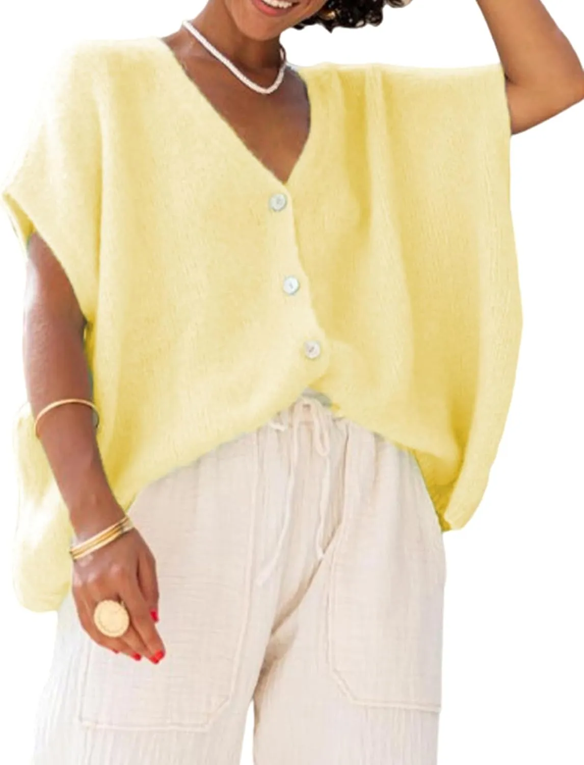 Womens Loose Knit Cardigan Solid Color Short Sleeve V-Neck Button Down Lightweight Sweaters Tops Clubwear