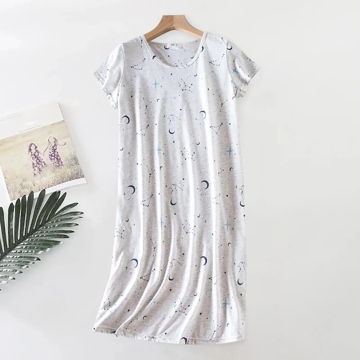 Women's Nightgowns Short Sleeve Nightshirt Crew Neck Soft Sleepwear Casual Cute Print Sleepshirts Loose Pajama Dress