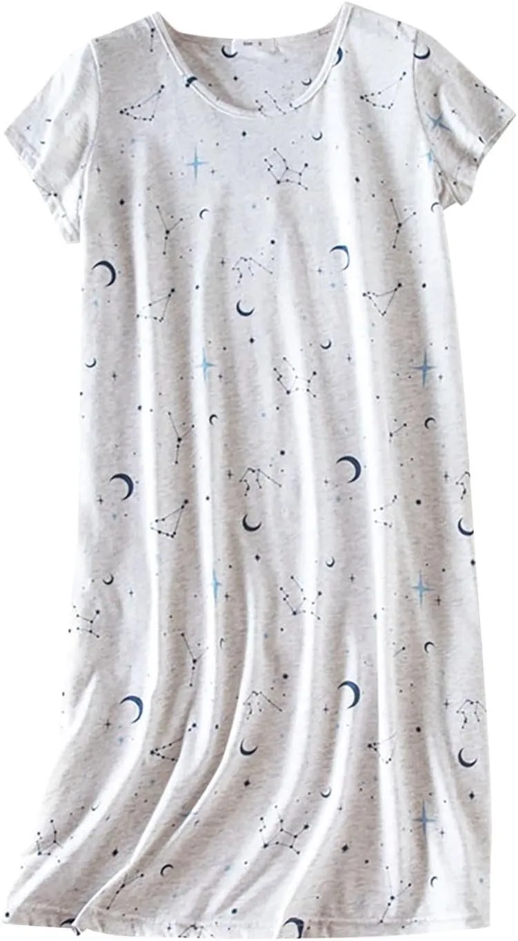 Women's Nightgowns Short Sleeve Nightshirt Crew Neck Soft Sleepwear Casual Cute Print Sleepshirts Loose Pajama Dress