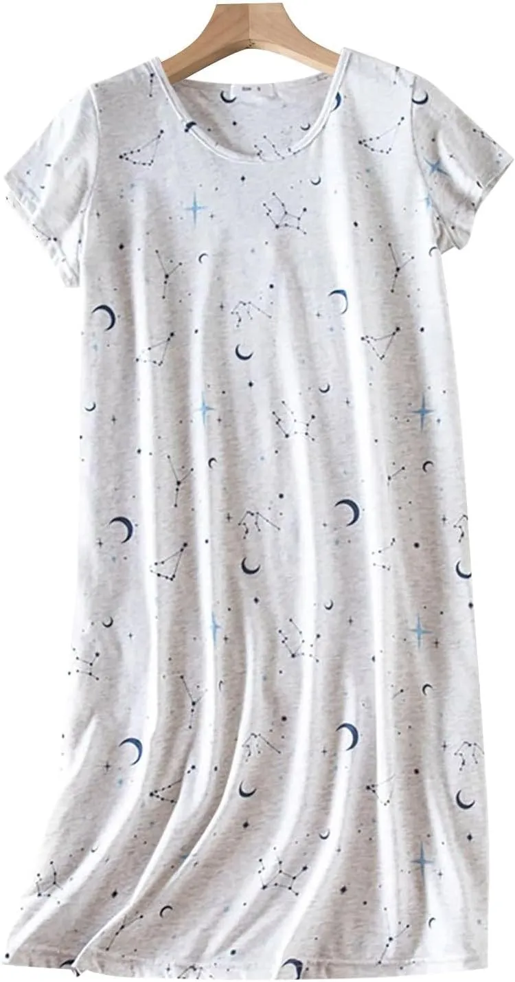 Women's Nightgowns Short Sleeve Nightshirt Crew Neck Soft Sleepwear Casual Cute Print Sleepshirts Loose Pajama Dress