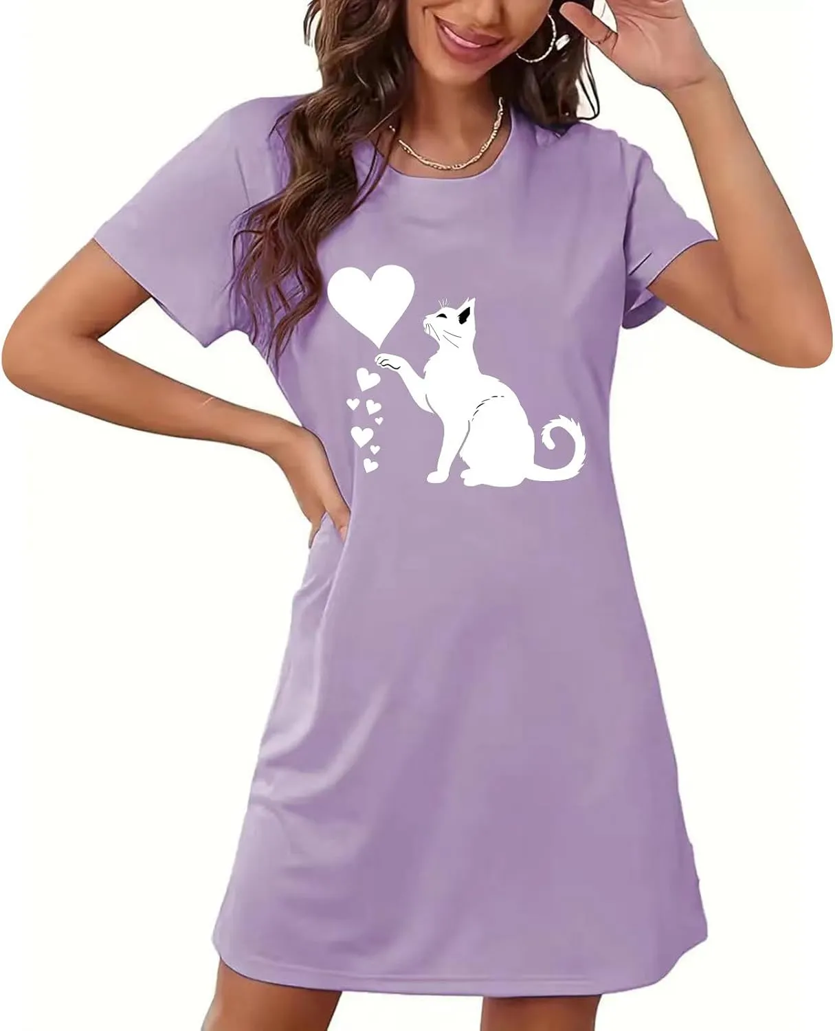 Women's Nightshirt Cute Cat Love Heart Graphic Sleepwear Casual Crewneck Short Sleeve Nightgowns Soft Nightdress
