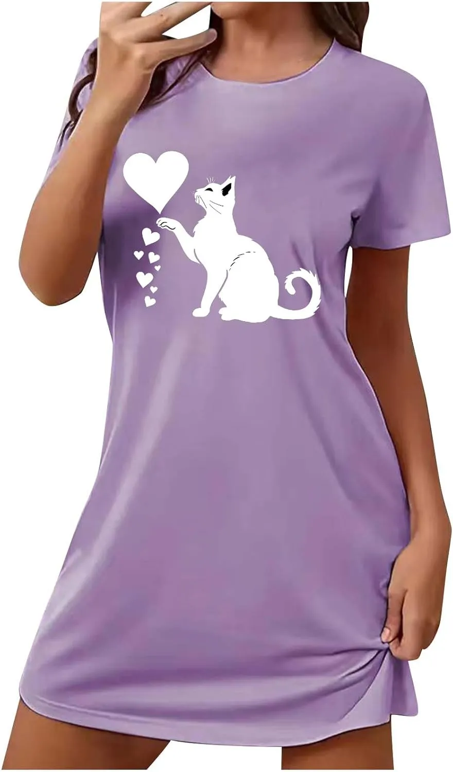 Women's Nightshirt Cute Cat Love Heart Graphic Sleepwear Casual Crewneck Short Sleeve Nightgowns Soft Nightdress