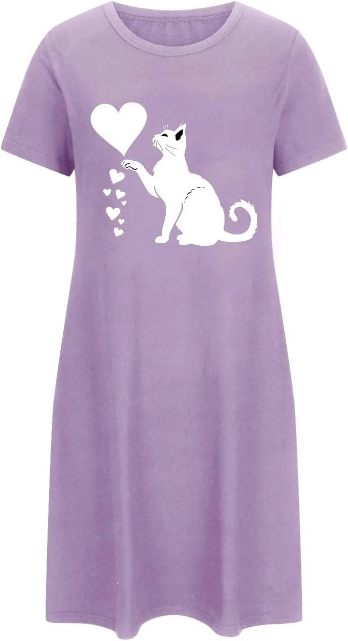 Women's Nightshirt Cute Cat Love Heart Graphic Sleepwear Casual Crewneck Short Sleeve Nightgowns Soft Nightdress