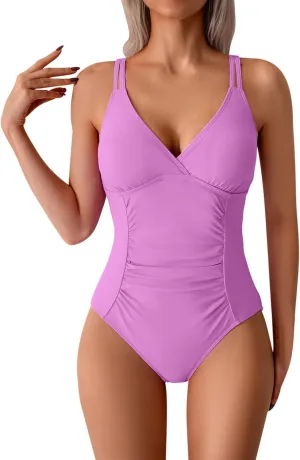 Women's One Piece Color Block Swimsuit Sexy Tummy Control Slimming Bathing Suit V Neck Cutout High Waisted Swimwear