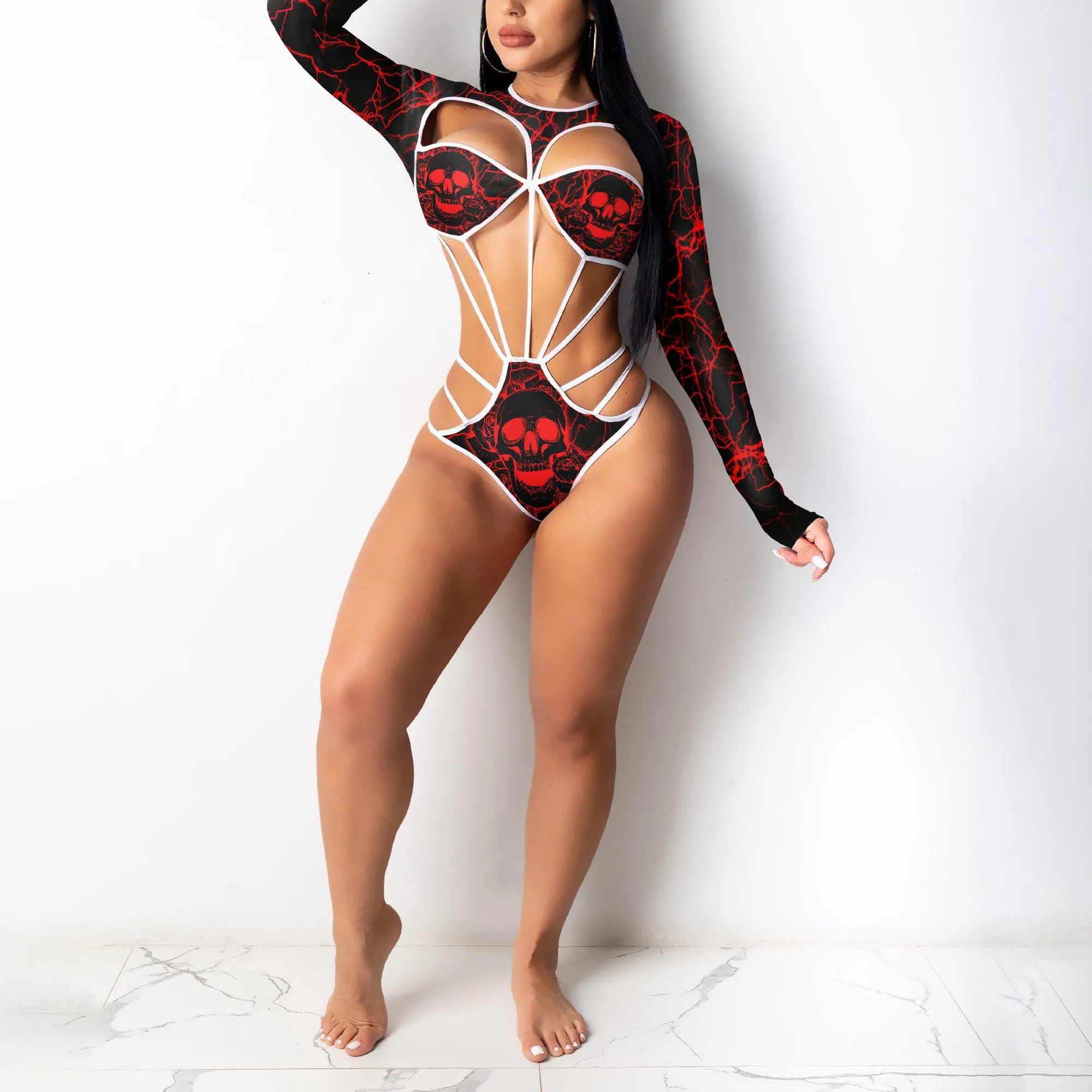 Women's One Piece Swimsuit, Red Skull Push Up Tummy Control Bathing Suits