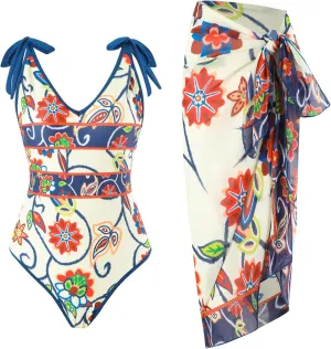 Women's One-Piece Swimsuit with Cover Ups Swimsuit Beachwear Fashion Sexy Backless Bathing Suit Printed Swimwear