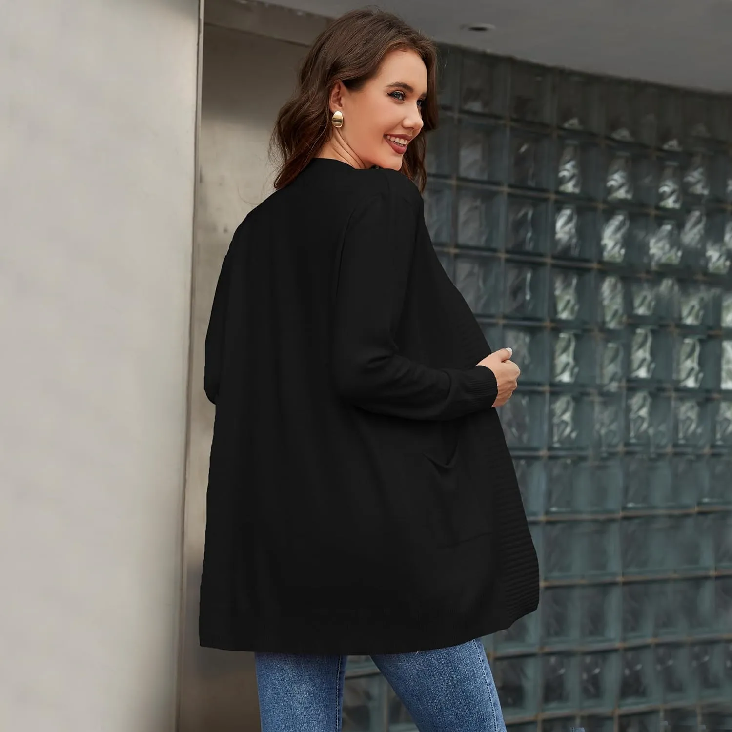 Women's Open Front Cardigan with Pockets Long Sleeve Casual Knit Sweaters