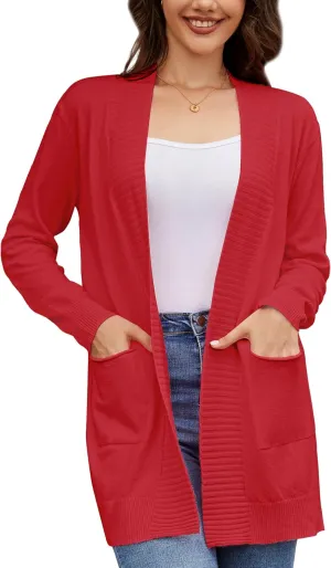 Women's Open Front Cardigan with Pockets Long Sleeve Casual Knit Sweaters