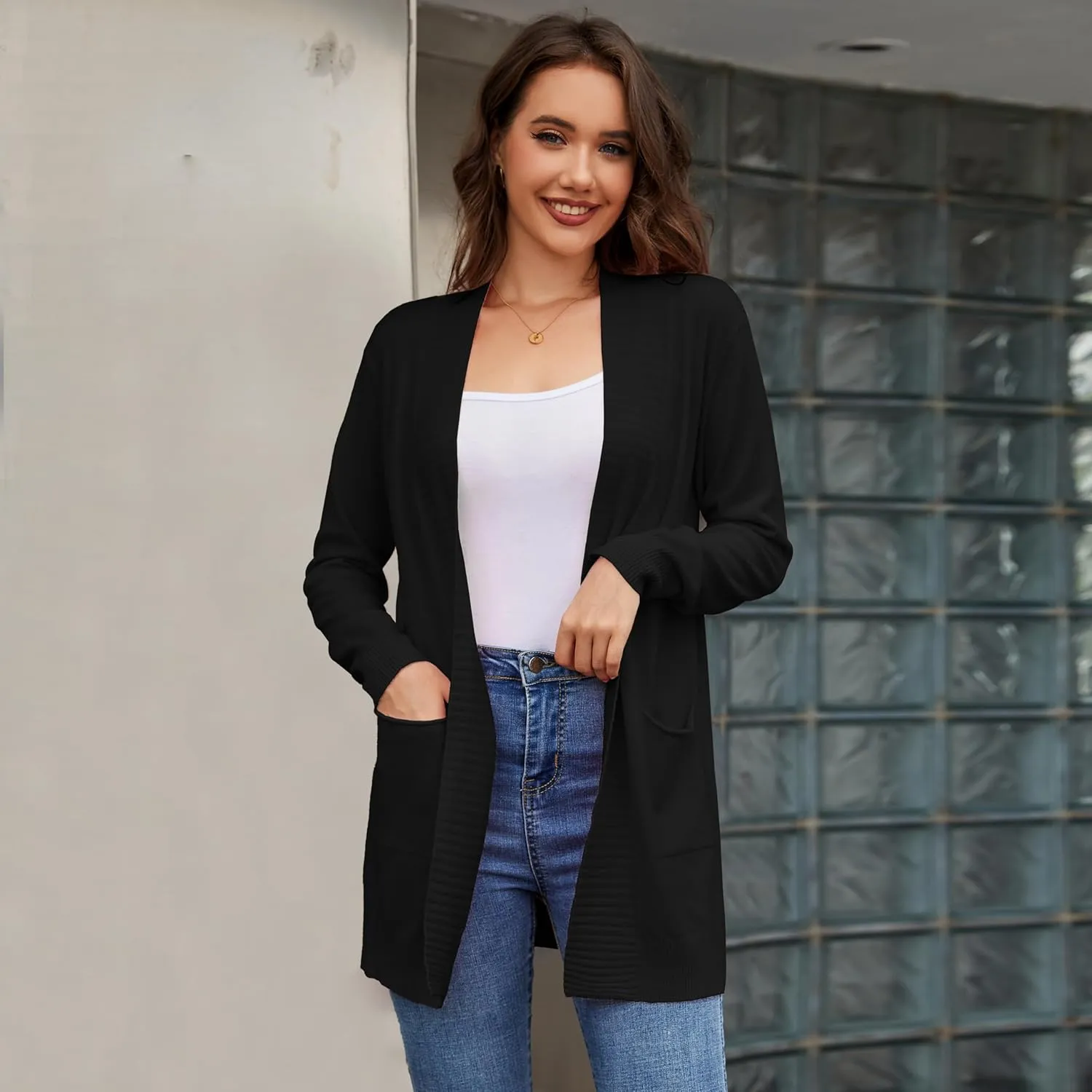 Women's Open Front Cardigan with Pockets Long Sleeve Casual Knit Sweaters