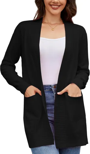 Women's Open Front Cardigan with Pockets Long Sleeve Casual Knit Sweaters